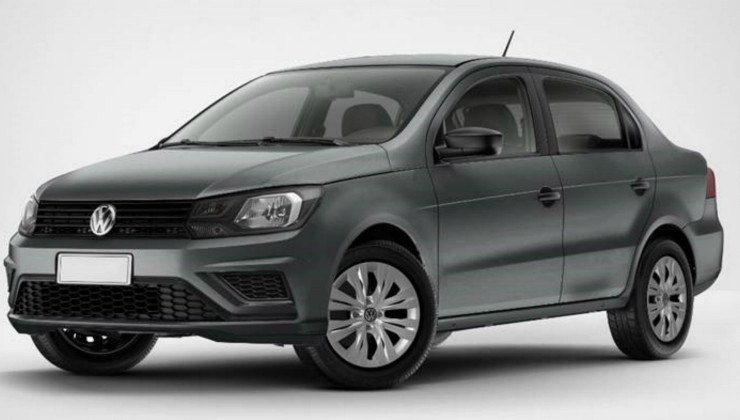 Volkswagen Voyage modelo 2020 cinza de frente no est&uacute;dio