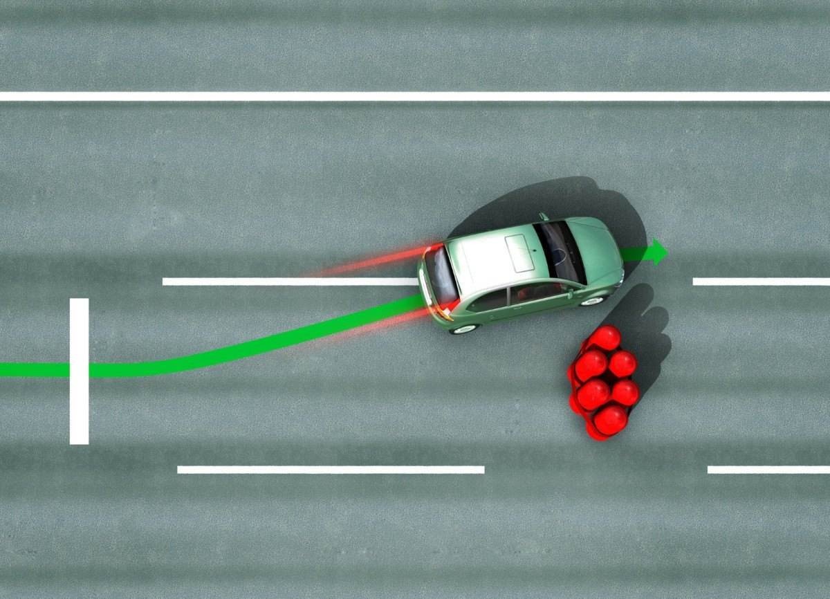 Freio ABS infografia mostrando o carro verde freando e desviando dos cones vermelhos à sua frente no asfalto