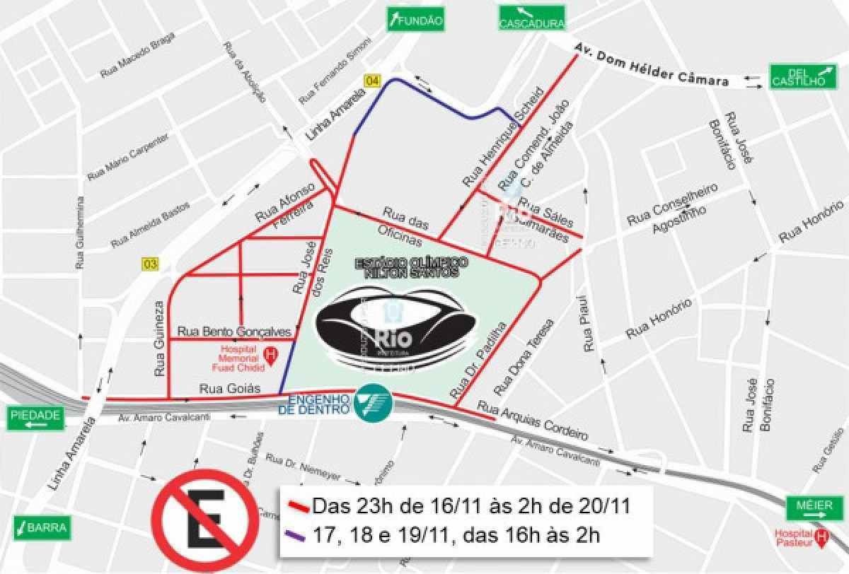 Imagem ilustrativa de mapa que mostra os locais de estacionamento proibido no entorno do Estádio Nilton Santos, no Rio de Janeiro, em função dos shows da Taylor Swift. 