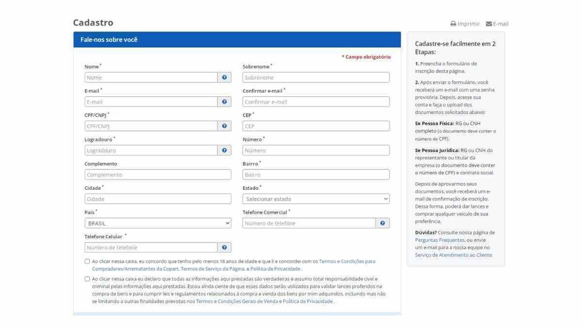 Formulário cadastro Copart leilões