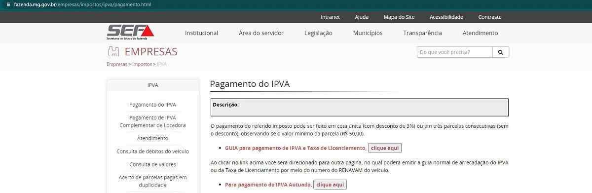 Imagem do site oficial para realizar o pagamento do IPVA 2024. 