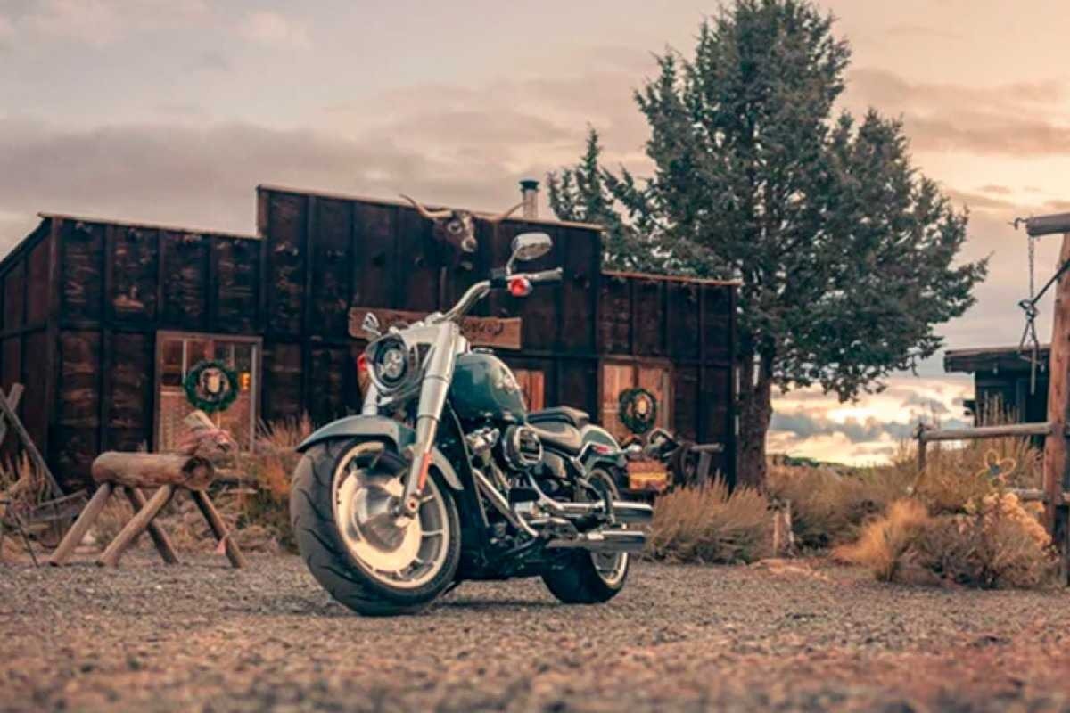 Harley-Davidson Fat Boy 114, estacionada, de frente, em uma fazenda 