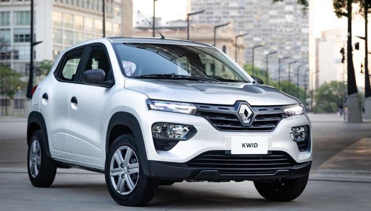 Renault Kwid branco estático no asfalto com prédios ao fundo