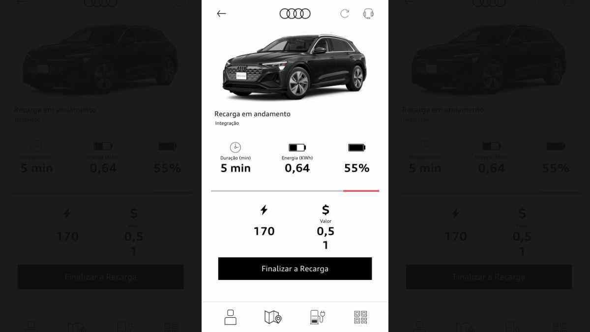 Tela do aplicativo Audi e-tron que mostra foto de modelo da montadora e detalhes sobre o carregamento do carro. 