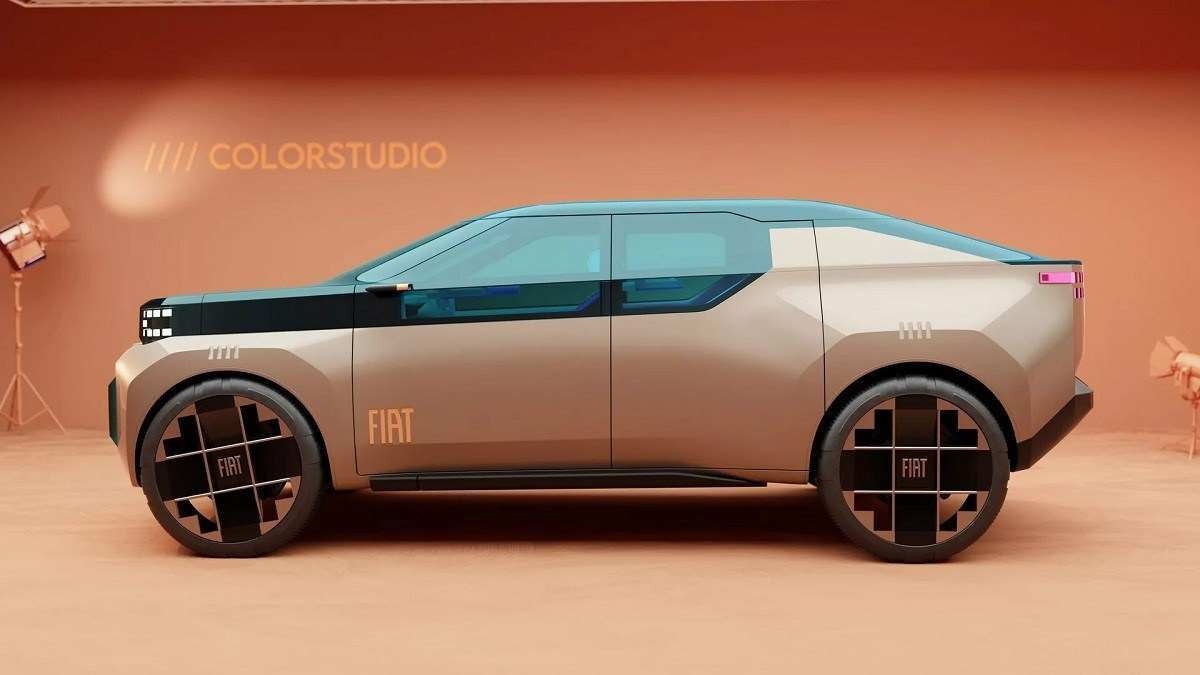 Fiat conceito que remete ao fastback nas cores cobre e preto em fundo amarronzado.