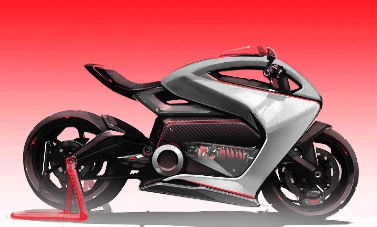 FSD 59 moto de estilo esportivo cinza com detalhes em vermelho no cavalete estática no estúdio
