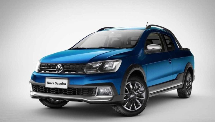 Volkswagen Saveiro Cross 1.6 modelo 2019 azul de frente est&aacute;tica no est&uacute;dio