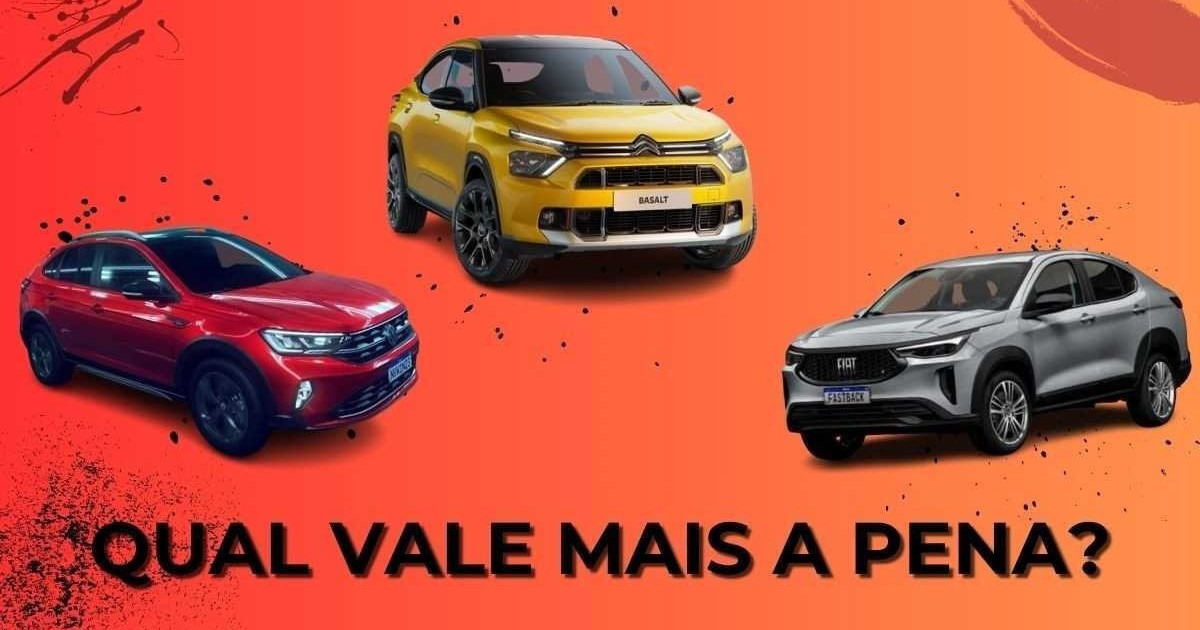 Citroën Basalt (ao centro) é competitivo quando comparado aos concorrentes diretos: Fiat Fastback (D) e Volkswagen Nivus (E)