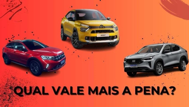 Citroën Basalt (ao centro) é competitivo quando comparado aos concorrentes diretos: Fiat Fastback (D) e Volkswagen Nivus (E)