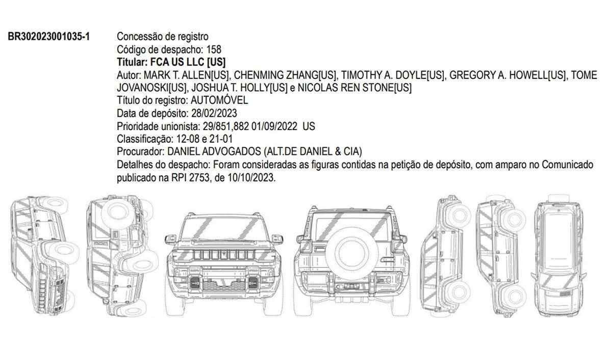 Documento de registro de patente do Jeep Recon.