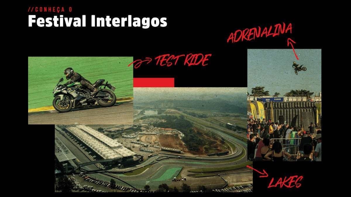 Montagem com foto do Autódromo de Interlagos visto de cima no centro e moto à esquerda