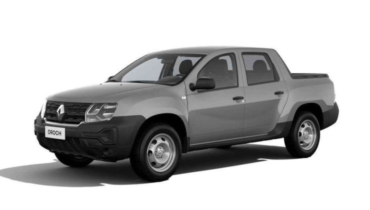 Renault Oroch cinza na vers&atilde;o de entrada Pro, de frente, estacionada, em foto de est&uacute;dio