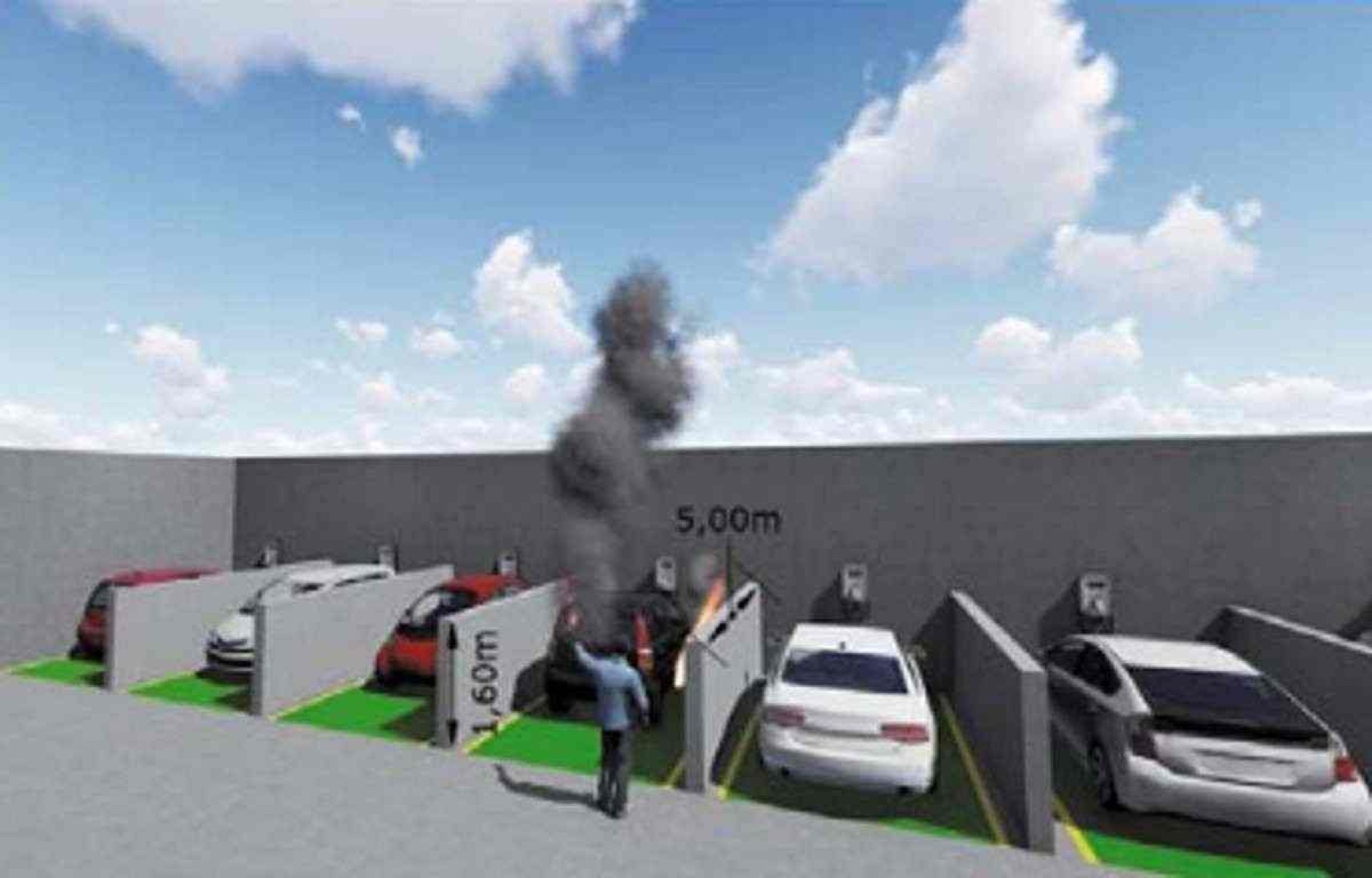 Desenho de carros elétricos em uma estação de carregamento com paredes corta-fogo entre eles