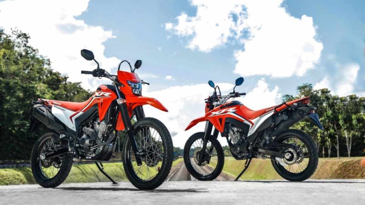 Honda XR 300L Tornado modelo 2024 vermelha com detalhes brancos estática de frente e de traseira no asfalto com árvores nas laterais