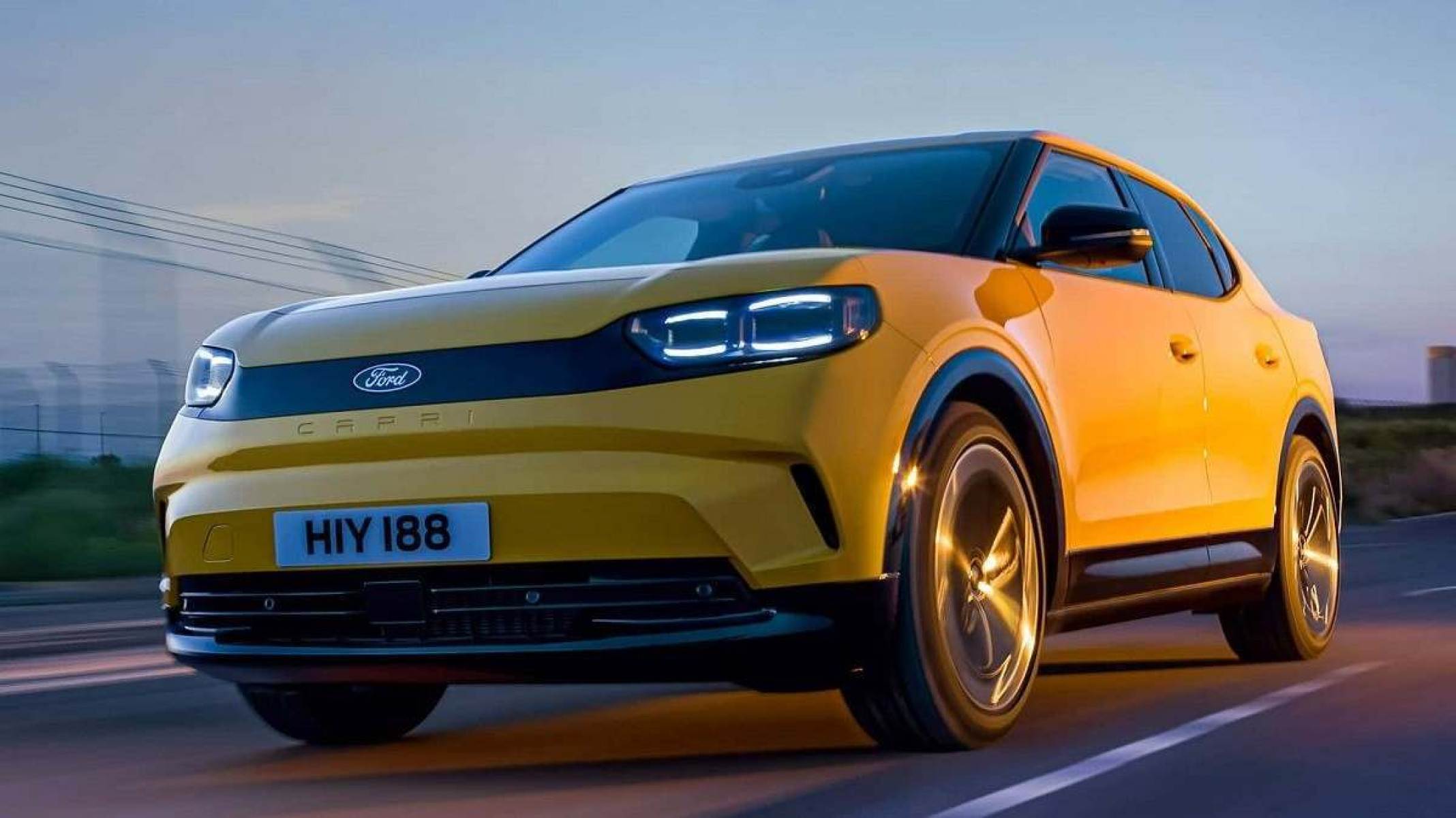 Ford Capri amarelo de frente em movimento no asfalto