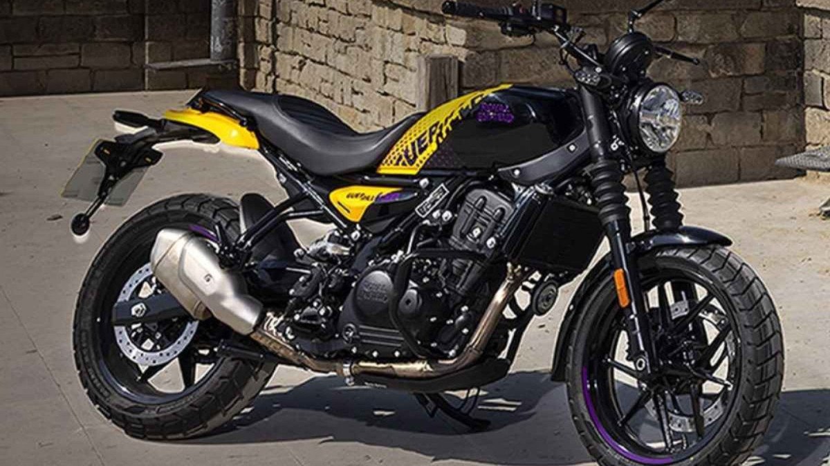 Royal Enfield Guerrilla 450 modelo 2024 lado estático amarelo e roxo em frente ao edifício