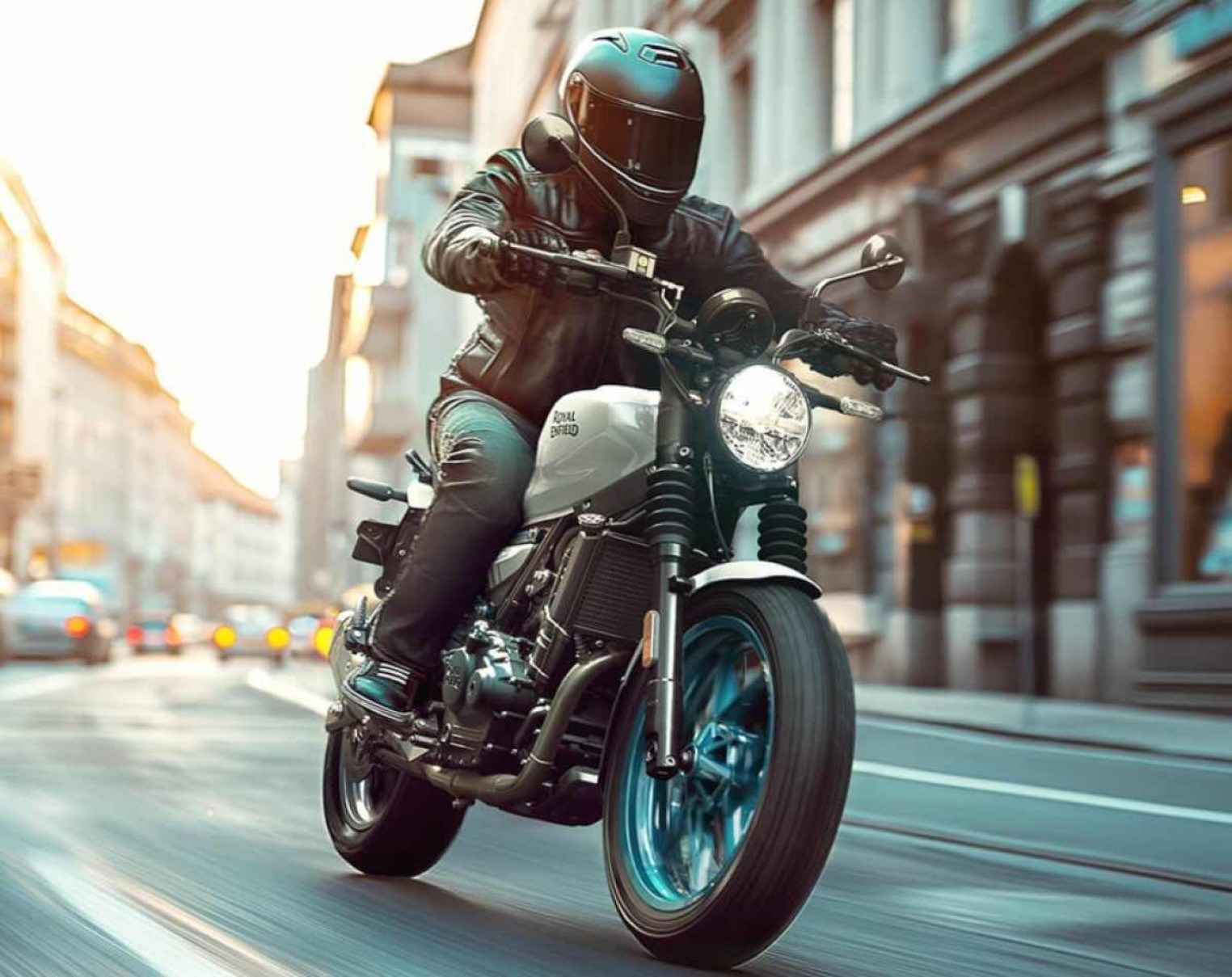 Royal Enfield Guerrilla 450 modelo 2024 branca com roda azul de frente em movimento no asfalto na cidade