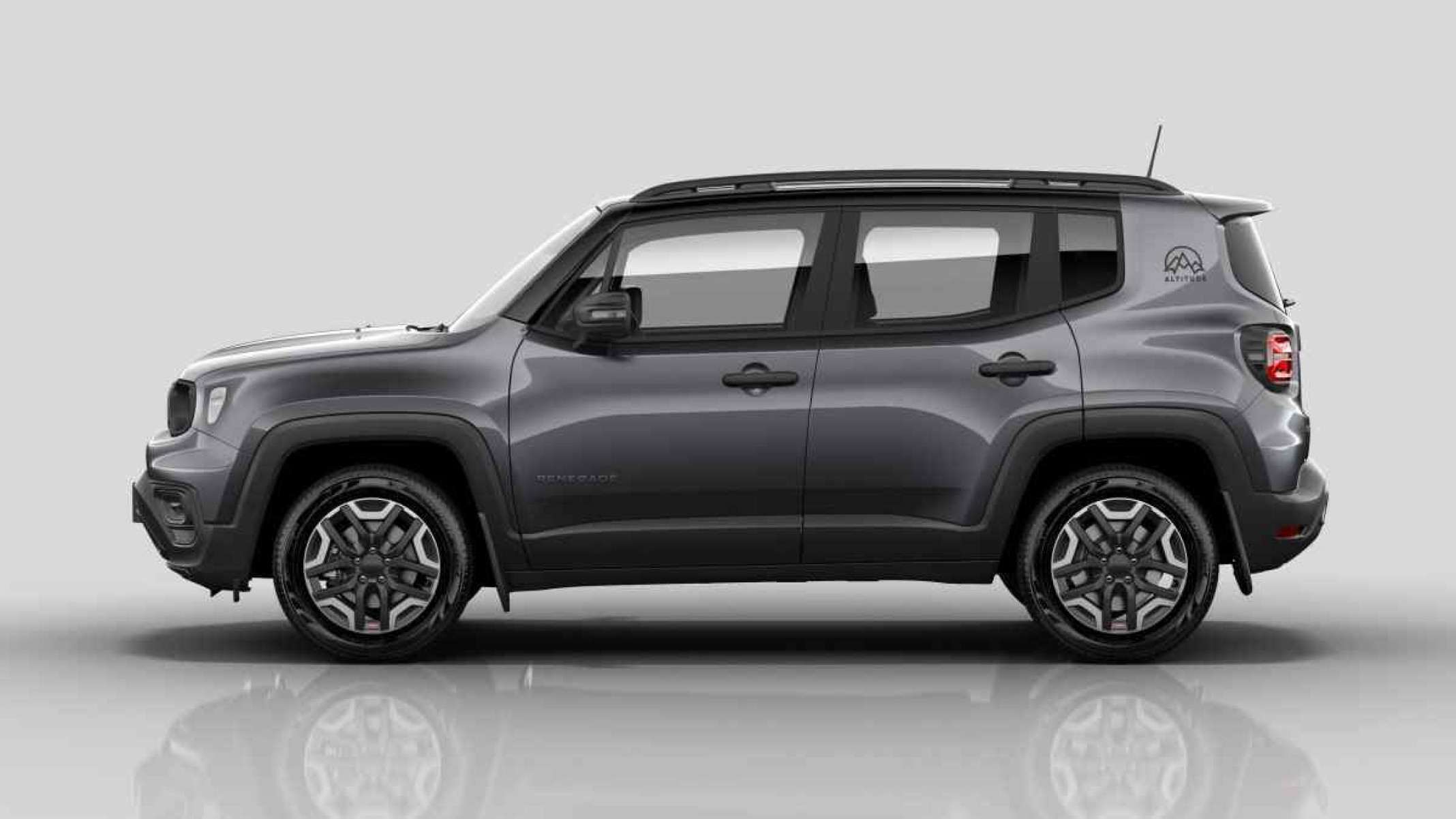 Jeep Renegade Altitude modelo 2025 cinza e preto de lateral estático no estúdio