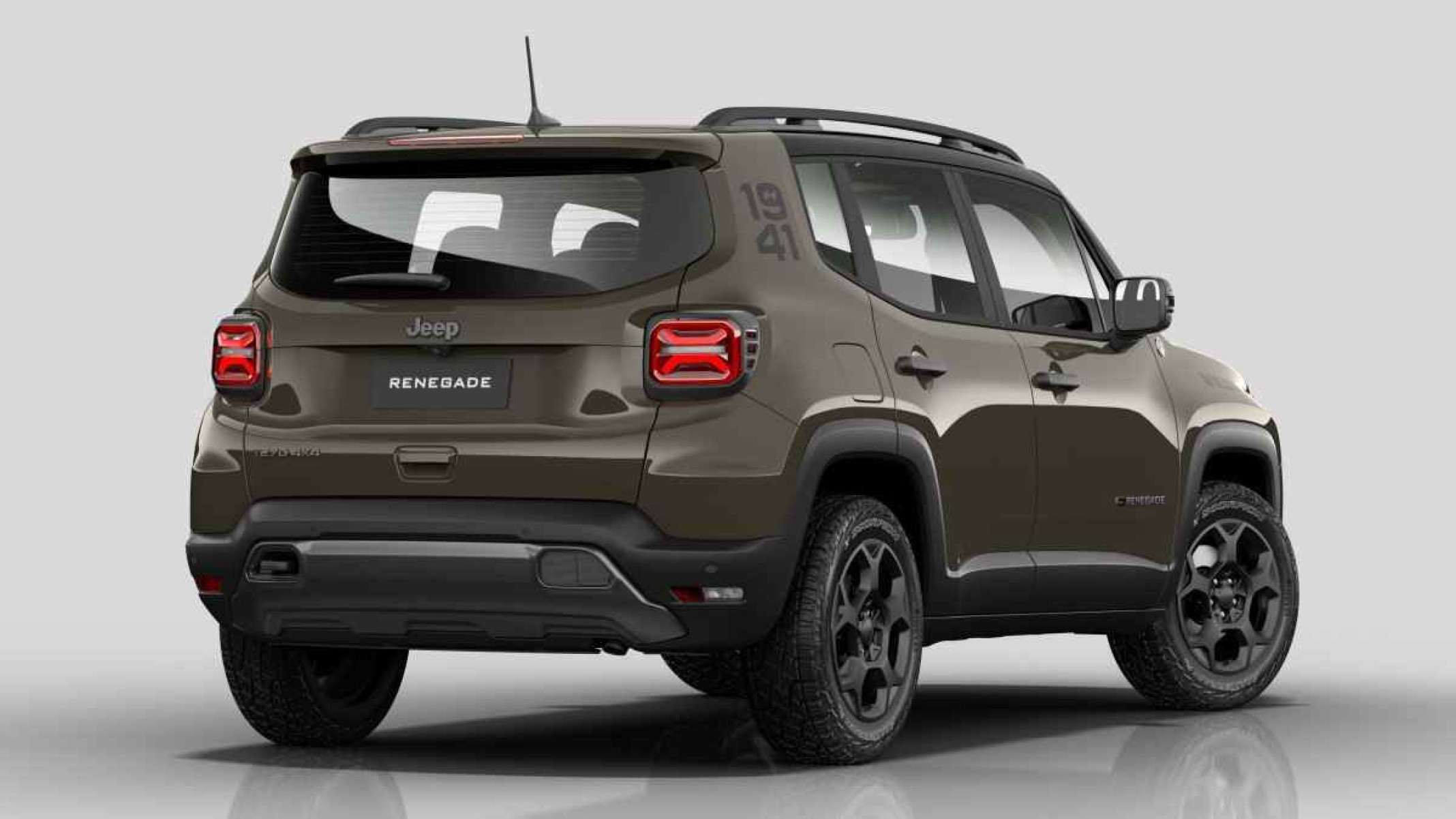 Jeep Renegade Willys modelo 2025 verde de traseira estático no estúdio