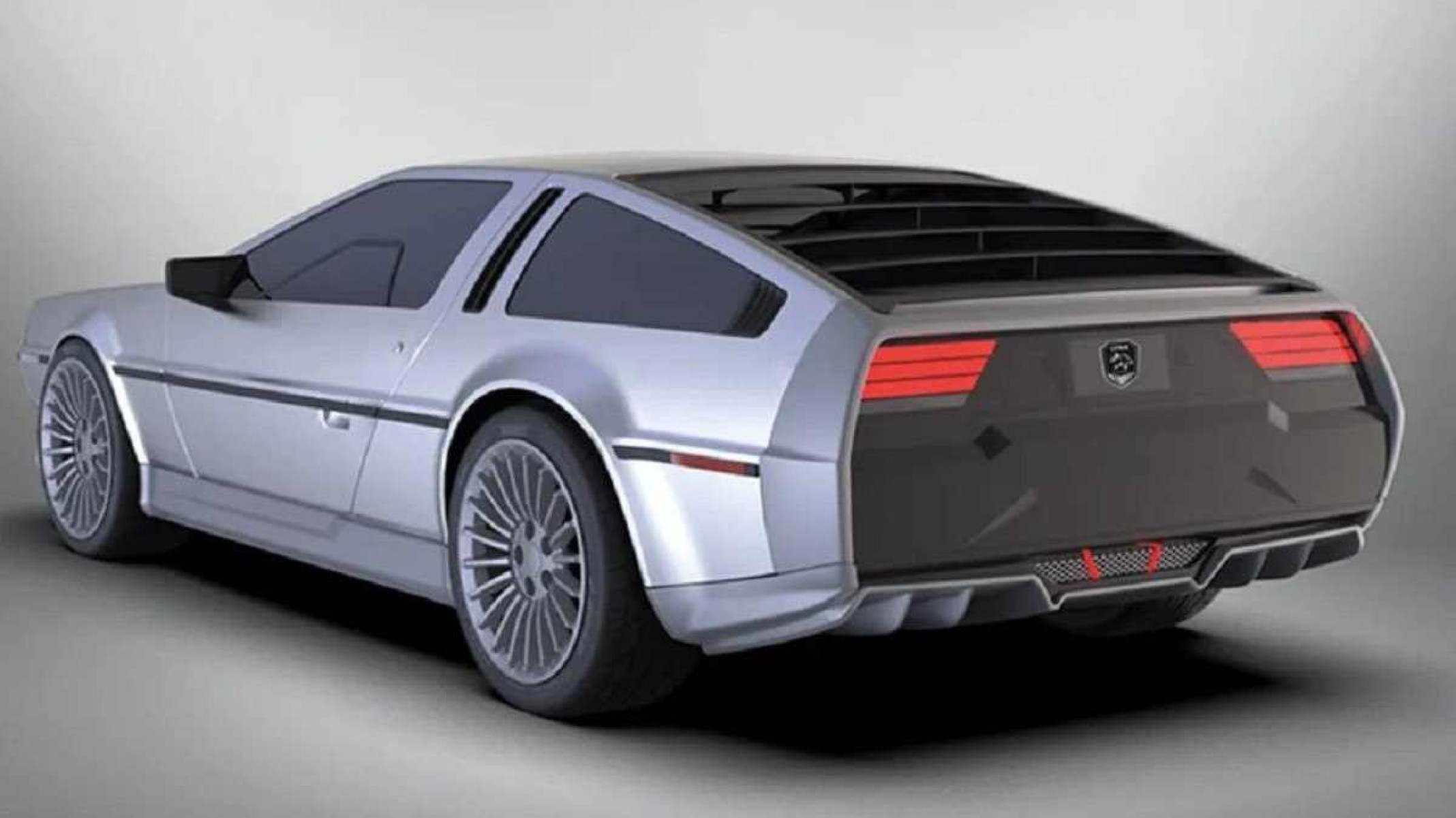 Estática traseira do DeLorean DMC-EV prateado no estúdio