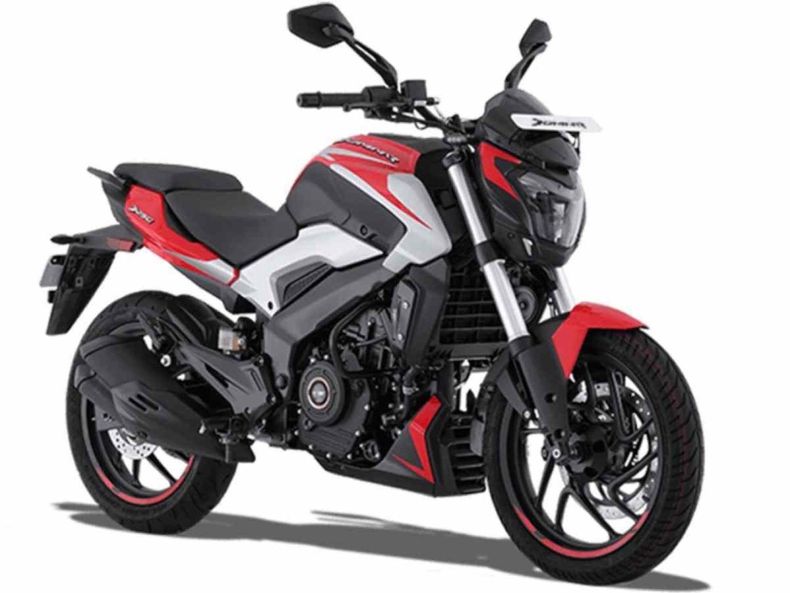 Bajaj Dominar 250 modelo 2025 vermelho preto e branco de frente estática no estúdio