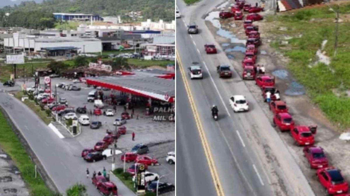 Fila para abastecer no posto Texaco em Palhoça, na Grande Florianópolis