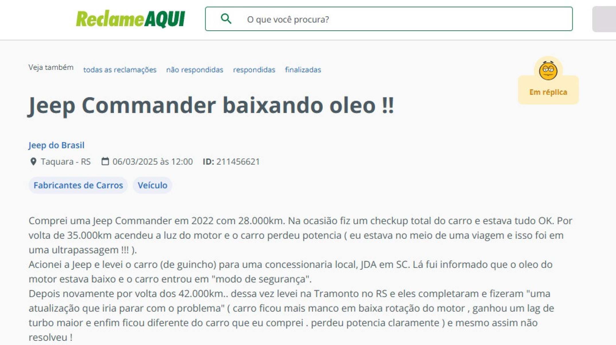 Dono de Jeep Commander reclama de óleo baixando no motor