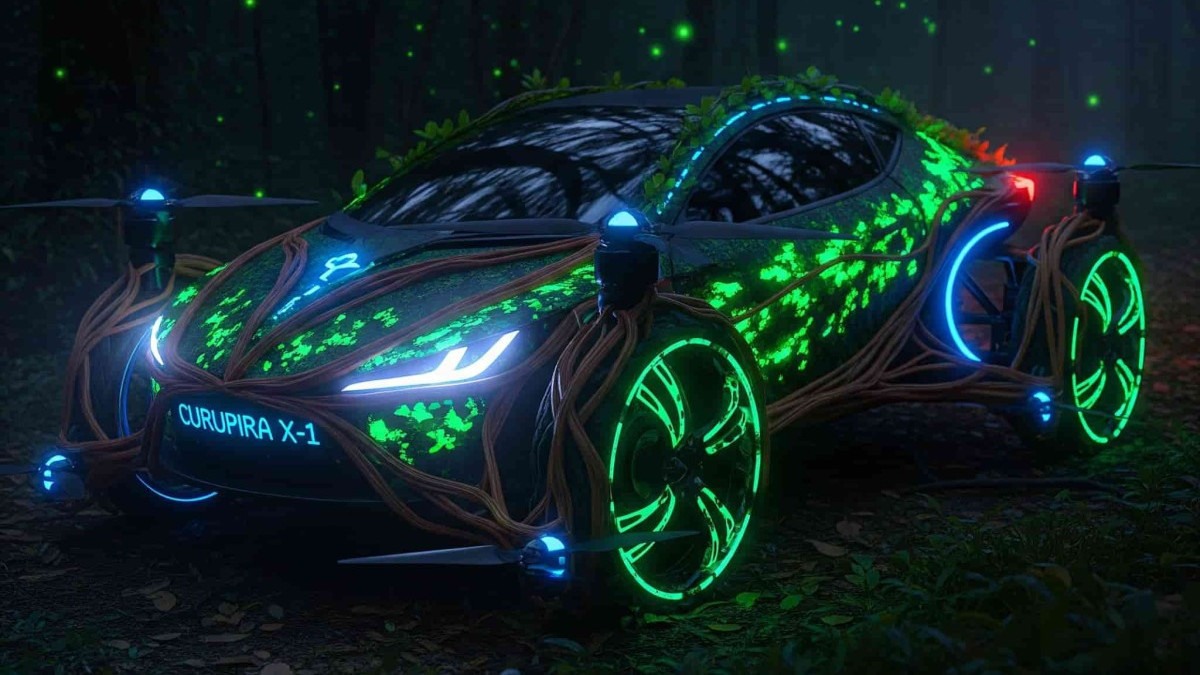 Carro criado pela IA da Gemini inspirado na lenda do Curupira, ele brilha no escuro com luzes verdes e azuis, como um vaga-lume.