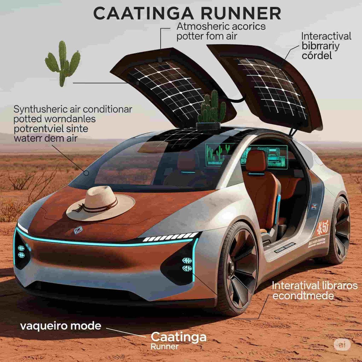 Criado pela Gemini, o Caatinga Runner é um carro movido a energia solar captada por painéis que se abrem como pétalas quando parado.