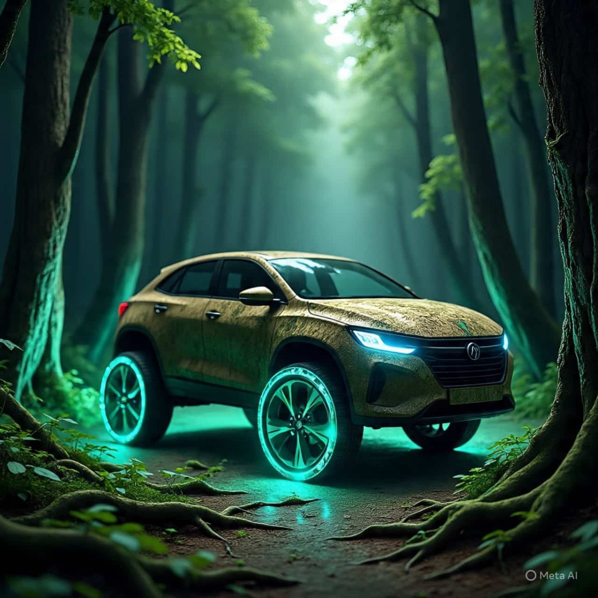 Carro criado pela IA da Meta inspirado na lenda do Curupira e com camuflagem ativa com folhas.