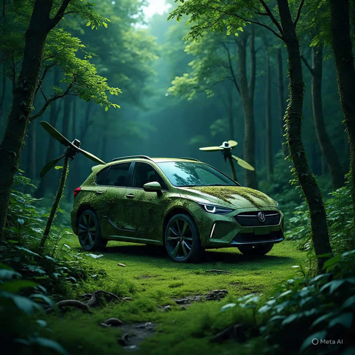 Carro criado pela IA da Meta inspirado na lenda do Curupira e com rodas que se transformam em hélices para navegar pelos rios amazônicos.
