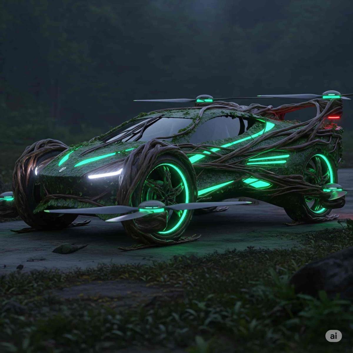 Carro criado pela IA da Gemini inspirado na lenda do Curupira, ele é feito de materiais orgânicos, com estrutura que lembra raízes e cipós.