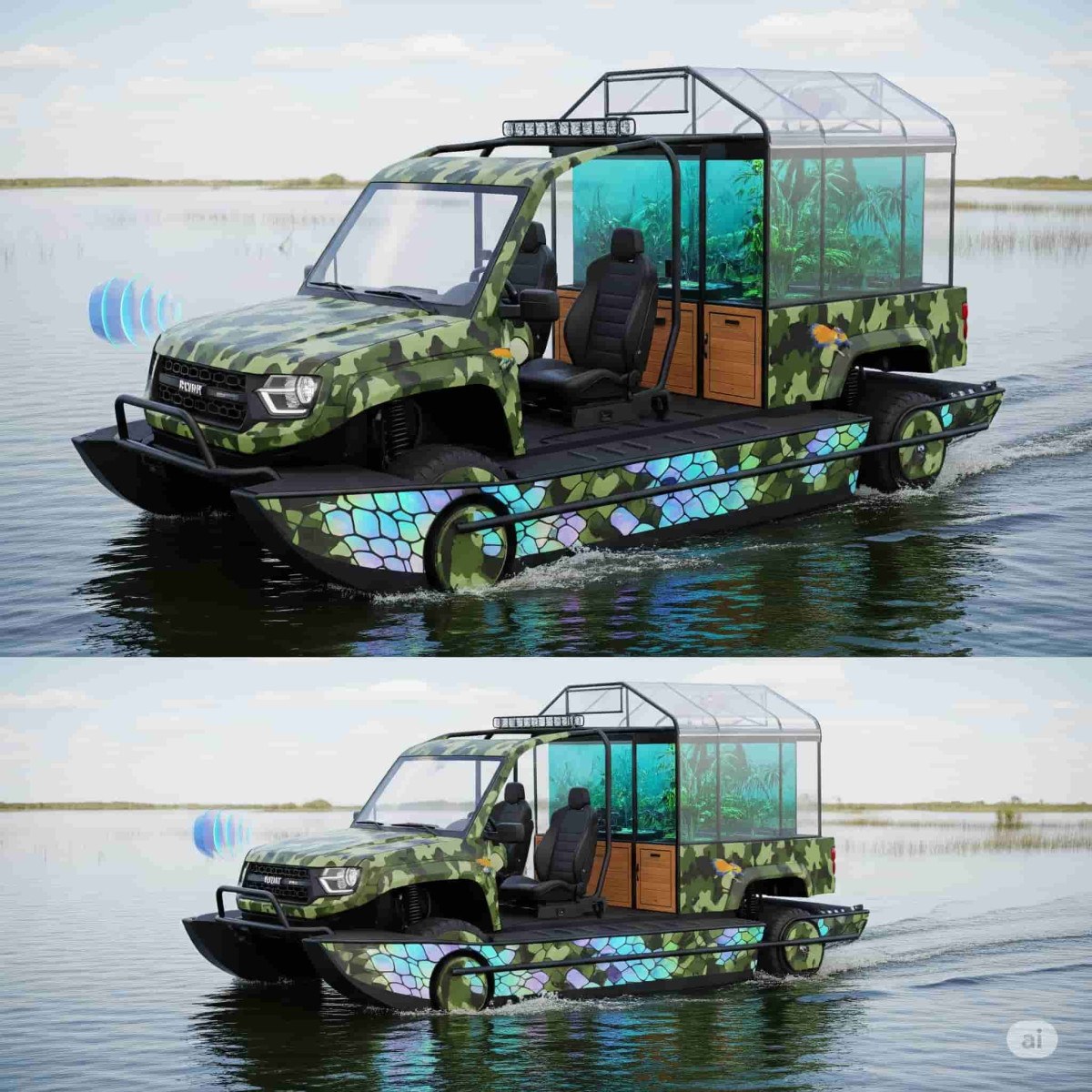 Criado pela Gemini, o Pantanator FX – O Caçador de Aventuras Alagadas é um híbrido de carro e barco, uma mistura entre utilitário, casa e bote