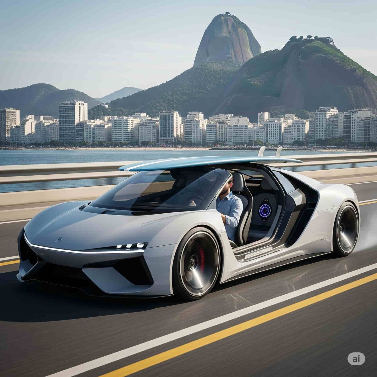 Criado pela Gemini, o Rio Loop é um esportivo que mistura carro, skate, asa-delta e prancha. Ideal para aventuras urbanas no Rio.