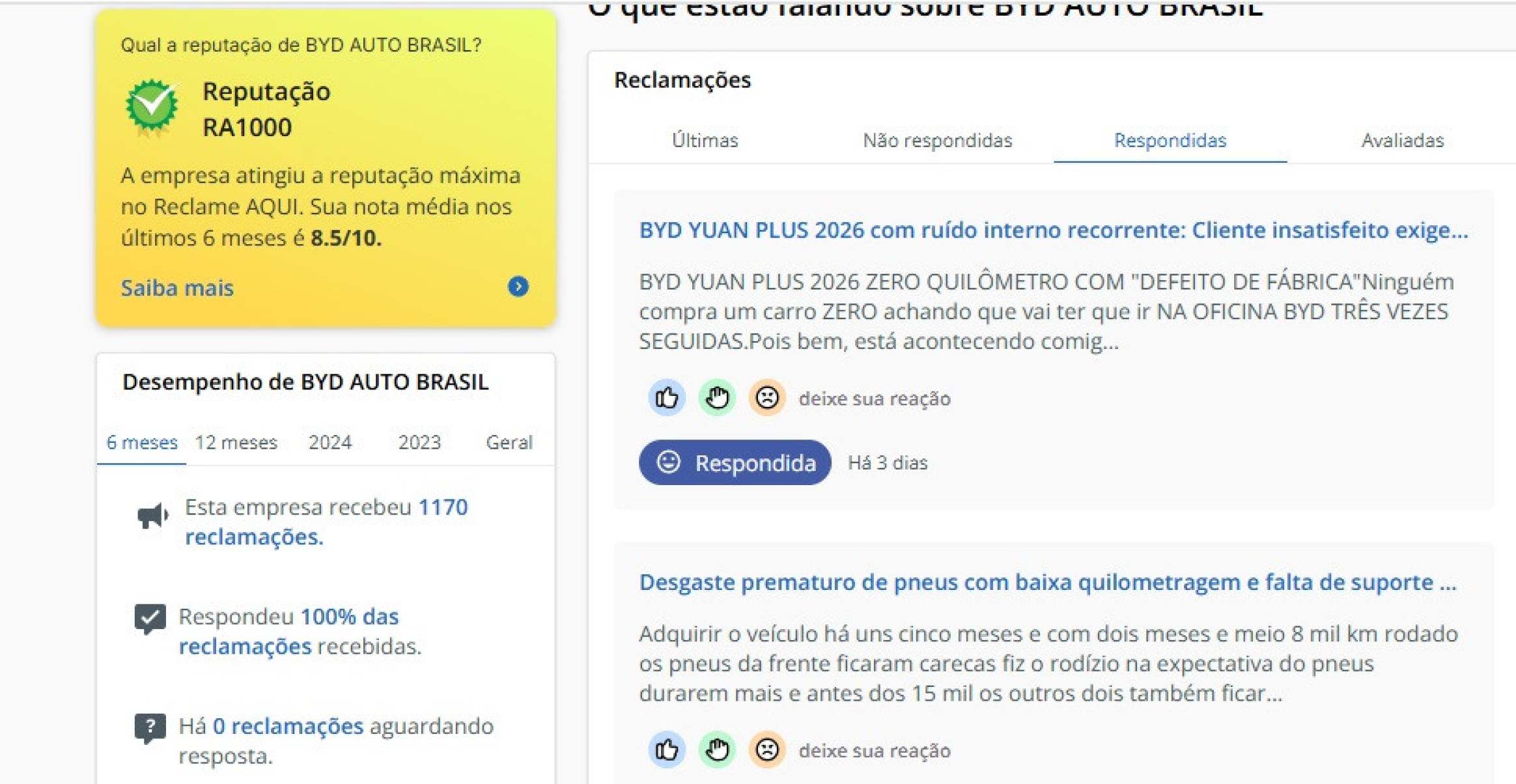 BYD ganhou selo RA1000 do Reclame Aqui