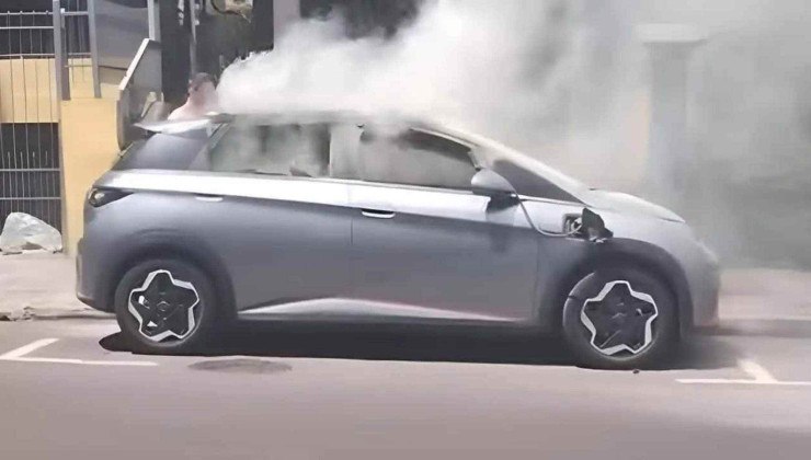 BYD Dolphin sendo consumido pelas chamas; posição do carregador chamou a atenção -  (crédito: Reprodução)