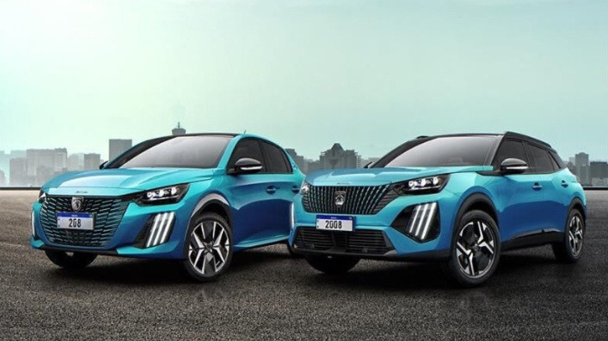 Peugeot 208 e 2008 na cor Azul Obsession parados 