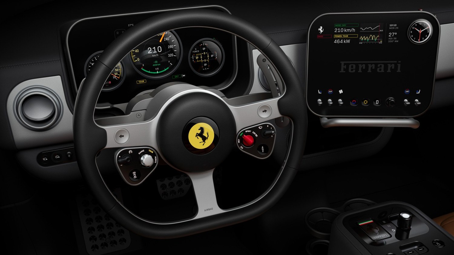 A imagem revela o interior do Ferrari Luce, primeiro carro el&eacute;trico da marca, cujo nome pode ser alterado devido a uma disputa de marca com a Mazda. -  (crédito: Divulga&ccedil;&atilde;o/Ferrari)