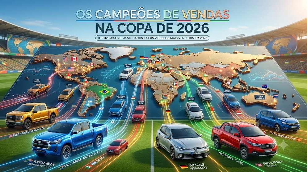 Os carros mais vendidos em 2025 nos 32 pa&iacute;ses da Copa de 2026 s&atilde;o ilustrados neste mapa, revelando as prefer&ecirc;ncias automotivas globais. -  (crédito: Intelig&ecirc;ncia Artificial/Gemini)