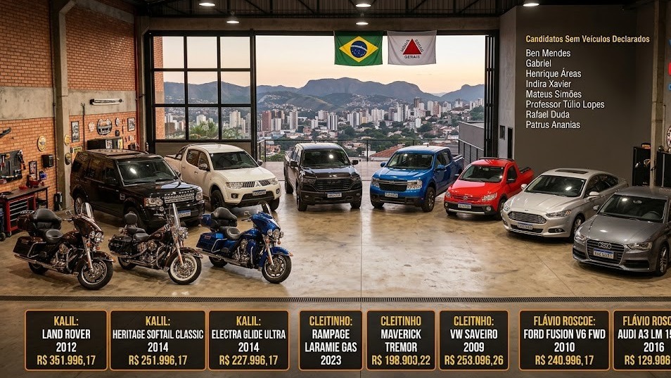 Declara&ccedil;&otilde;es de bens de candidatos ao governo de Minas Gerais mostram ve&iacute;culos e lista de postulantes sem bens automotivos -  (crédito: Gemini/Intelig&ecirc;ncia Artificial)