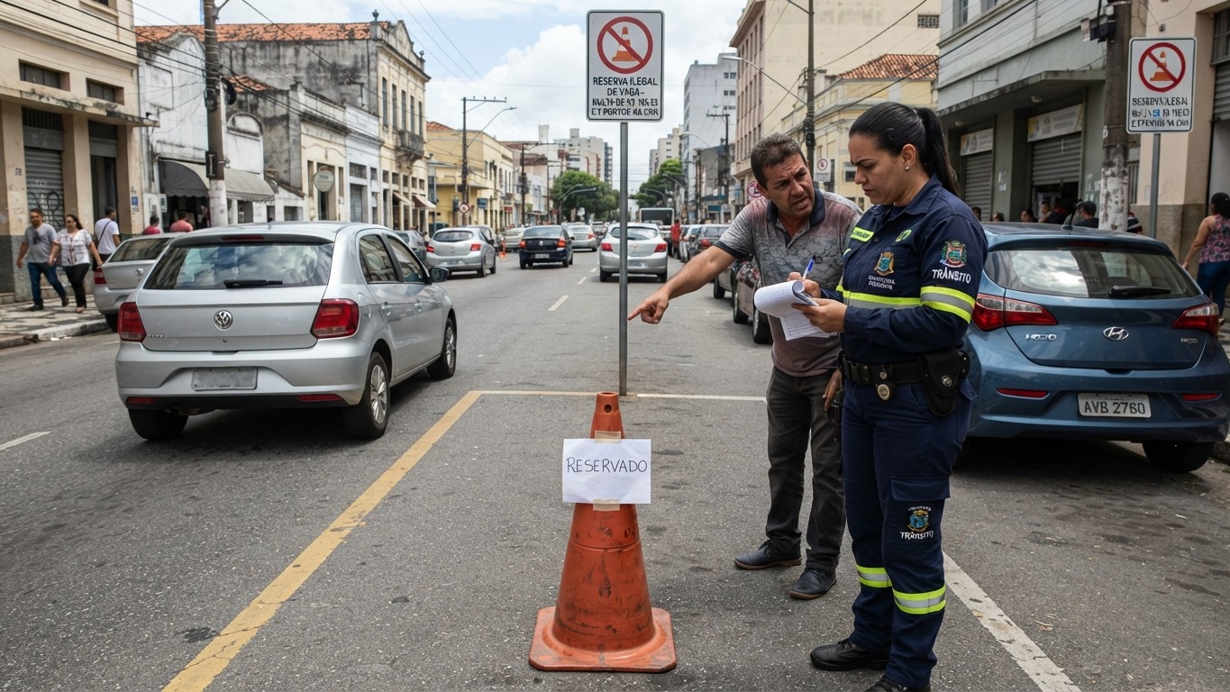 Multa por reserva ilegal de vaga: agente de tr&acirc;nsito fiscaliza infra&ccedil;&atilde;o em espa&ccedil;o p&uacute;blico, conforme prev&ecirc; o CTB -  (crédito: Imagem gerada por Intelig&ecirc;ncia Artificial/Gemini)