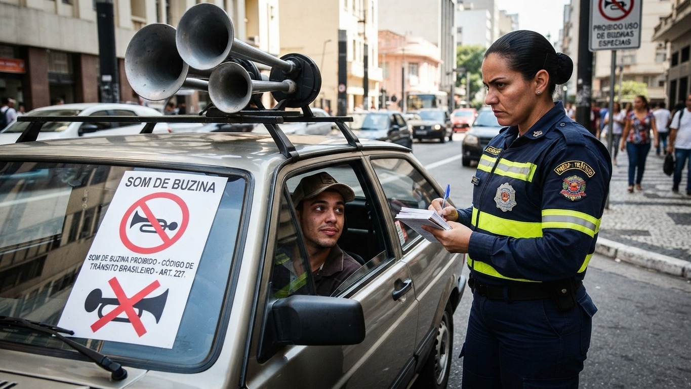 Agente de tr&acirc;nsito fiscaliza motorista com buzinas irregulares, infra&ccedil;&atilde;o prevista no artigo 227 do C&oacute;digo de Tr&acirc;nsito Brasileiro -  (crédito: Imagem gerada por Intelig&ecirc;ncia Artificial/Gemini)