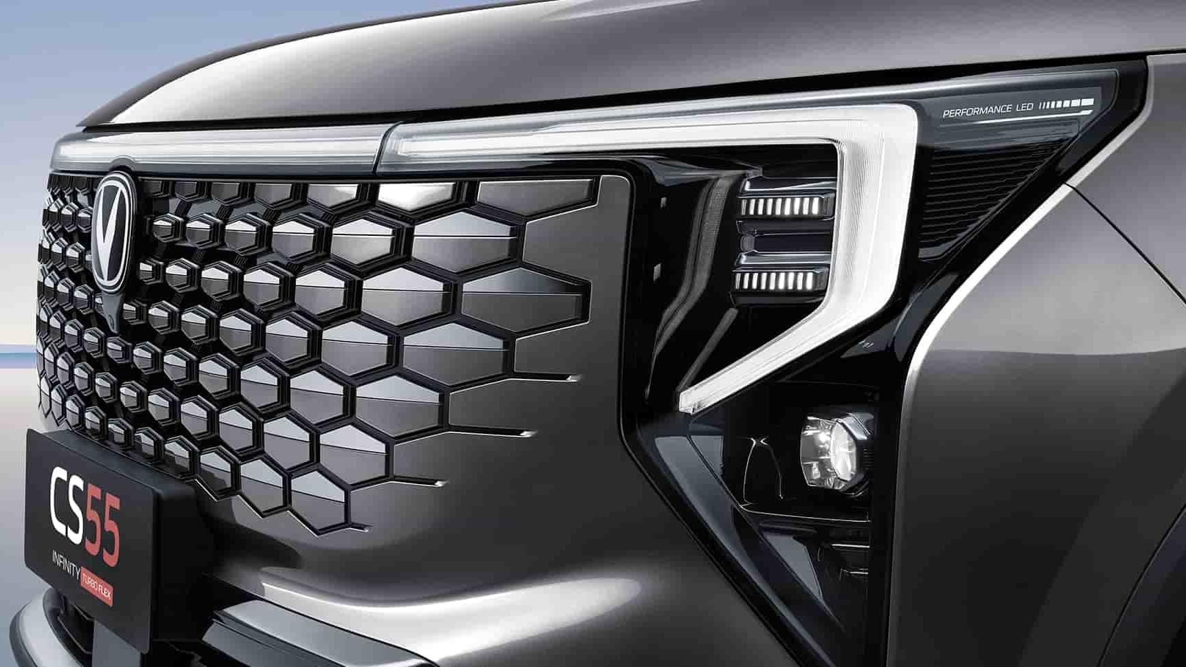 O design moderno e a tecnologia LED marcam a frente do CAOA Changan CS55 Infinity, vers&atilde;o de destaque no lan&ccedil;amento do SUV -  (crédito: Divulga&ccedil;&atilde;o/Caoa Changan)