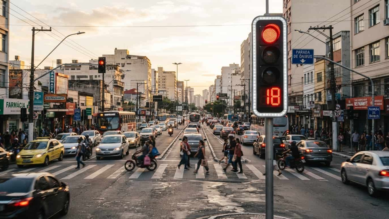 A proposta de lei visa tornar obrigat&oacute;ria a instala&ccedil;&atilde;o de contadores regressivos, como este sem&aacute;foro, em cruzamentos fiscalizados no pa&iacute;s -  (crédito: Imagem gerada por Intelig&ecirc;ncia Artificial/Gemini)