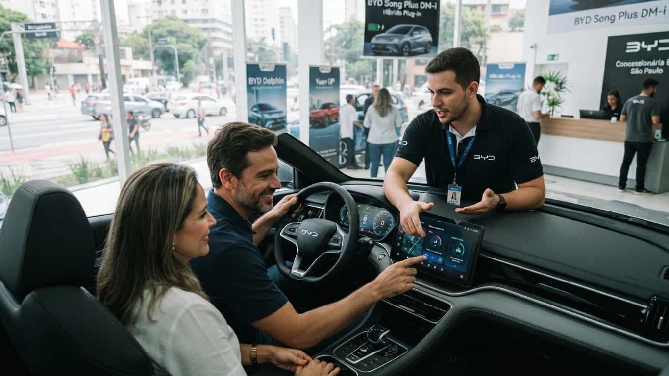 Casal experimenta a tecnologia de um ve&iacute;culo BYD, evidenciando o apelo das marcas chinesas no mercado brasileiro -  (crédito: Imagem gerada por Intelig&ecirc;ncia Artificial/Gemini)