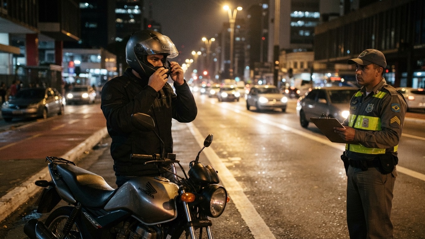 Motociclista &eacute; parado em fiscaliza&ccedil;&atilde;o noturna, onde uso de viseira inadequada pode resultar em multa -  (crédito: Imagem gerada por Intelig&ecirc;ncia Artificial/Gemini)