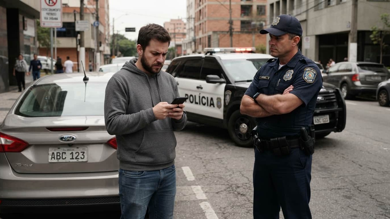 Motorista tenta comprar seguro para o Ford Focus pelo celular ap&oacute;s ser abordado pela pol&iacute;cia, durante fiscaliza&ccedil;&atilde;o de tr&acirc;nsito -  (crédito: Imagem meramente ilustrativa e gerada por Intelig&ecirc;ncia Artificial/Gemini)