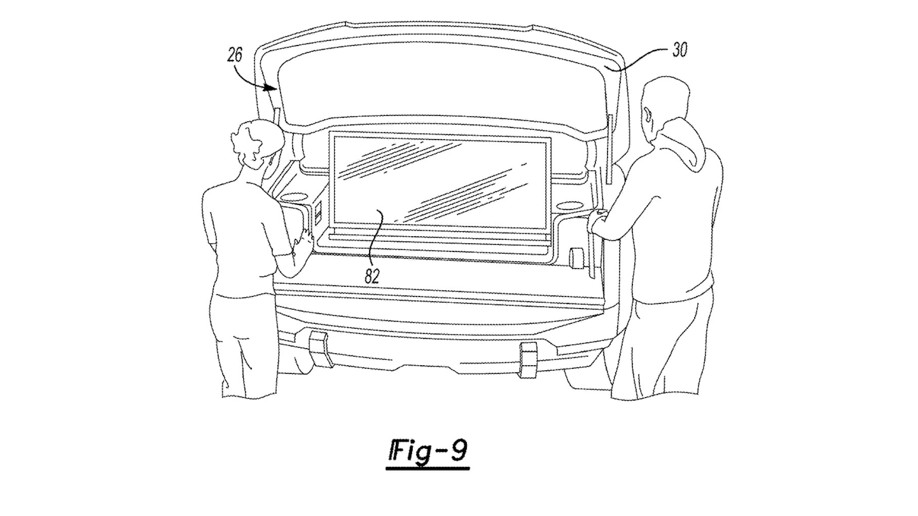 Esbo&ccedil;o da patente da Ford detalha o sistema de TV dobr&aacute;vel, que pode ser um dos diferenciais da futura picape el&eacute;trica Fathom. -  (crédito: Reprodu&ccedil;&atilde;o)