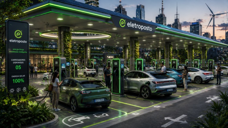 A expans&atilde;o da infraestrutura de eletropostos, como este moderno ponto de recarga, impulsiona o mercado de ve&iacute;culos el&eacute;tricos no Brasil -  (crédito: Imagem gerada por Intelig&ecirc;ncia Artificial pela ABVE)