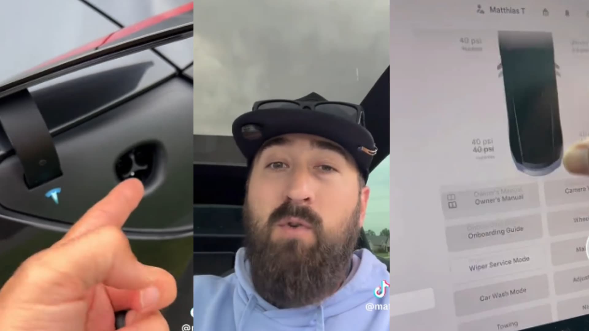 Matthias Tayala demonstra a fun&ccedil;&atilde;o de aquecedor da porta de carregamento de um Tesla, essencial para evitar problemas no inverno -  (crédito: Reprodu&ccedil;&atilde;o/TikTok)
